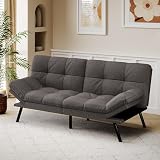 AMICLIBER Convertible Futon Sofa Bed,Grey Linen Modern Futon Couch,Memory Foam Loveseat Sleeper Recliner,Detachable Cushion,Adjustable Backrest & Armrest,Couch for Living Room,Office,Apartment