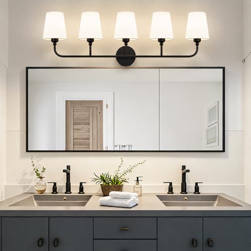 Image of Bathroom Vanity Light, Matte Black Bathroom Lighting Fixtures Over Mirror | 5-Light Bathroom Light Fixtures with Flared White Fabric Shade, E26 Socket (ETL Listed)