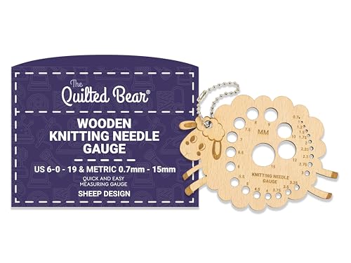 The Quilted Bear Calibro per ferri da maglia in legno, strumento per misurazioni accurate degli aghi con misure metriche e imperiali da 0,7 mm a 15 mm, vari disegni divertenti (pecora)