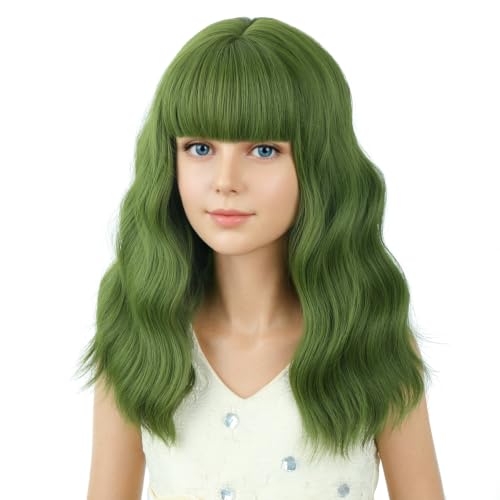 Image of PATTNIUM Olive Green Wig for Kids Girls Short Green Curly Wigs with Bangs Shoulder Length Wavy Heat Resistant Synthetic Wig