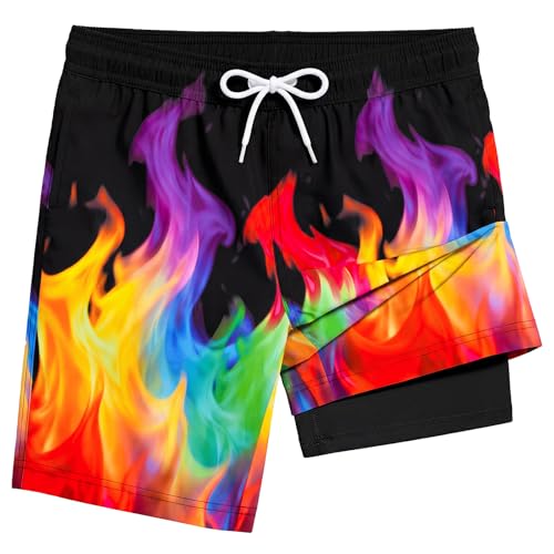 MaciRept Boys Swim Trunks Boy Swim Shorts Bathing Suit Size 8 Boy Swimsuit Boxer Brief Board Shorts Swimwear Swimming Trunks Compression Anti Chafe Swim Trunk Boys 8-10 Swim Suit for Boy Black Fire