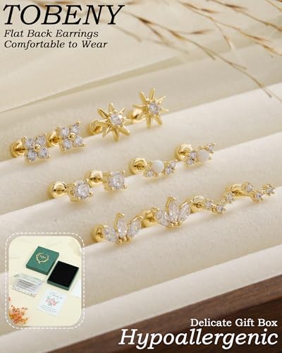 TOBENY Flat Back Earrings for Women Hypoallergenic Surgical Steel Stud Earrings Stacks for Sensitive Ears Small 6 Pairs 14K Gold Plated Tragus Cartilage Helix Piercing Jewelry for Multiple Piercing2