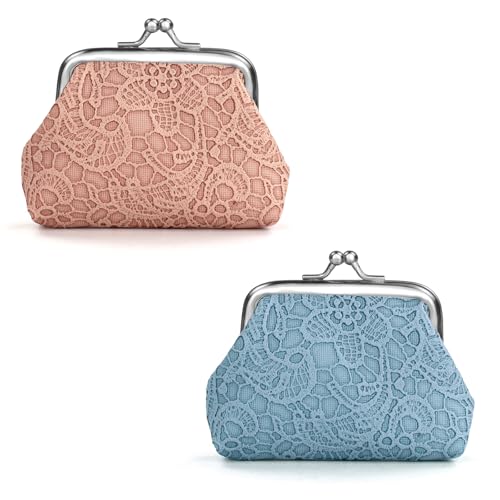 Image of FuninCrea 2 Pcs Faux Leather Coin Purse for Women with Kiss Lock, Floral Pattern Change and Coin Wallet Double Clasp Closure Mini Wallet for Cash Key (Nude+Blue)