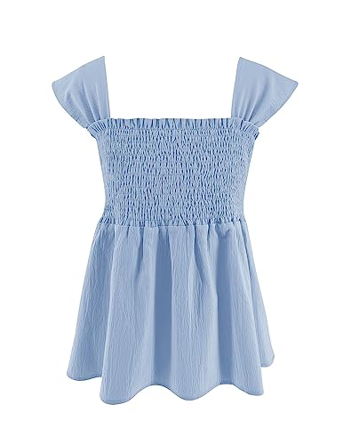 Image of Bingerlily Girls Summer Casual Tops Square Neck T Shirts Cute Smocked Top Tees