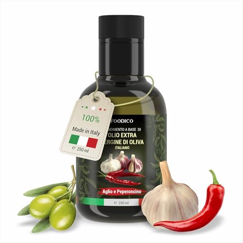 Foodico Knoblauch Chili Olivenöl | Italienisches Olivenöl Extra Vergine | pikant, kaltgepresst | 250 ml