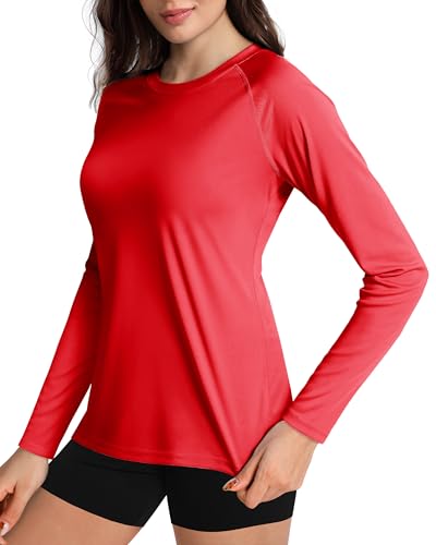 Boladeci Rash Guard for Women Long Sleeve Swim Shirt Uv Protection Sun Shirts Workout Water Tops SPF UPF 50+ Lightweight Athletic Tees Red M