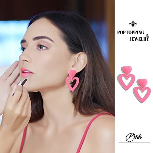 Poptopping Double Heart Earrings Pink Heart Dangle Earrings Love Heart Drop Earrings For Women Valentine's Day Mother's Day Gift (Pink) #TOP3