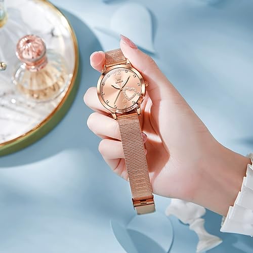 OLEVS Pink Watch for Women Rose Gold Cute Heart Diamond Watch Women Big Face Fashion Analog Women's Wrist Watch Mesh Bracelet Simple Stainless Steel Dress Womens Watch Water Resistant Luminous