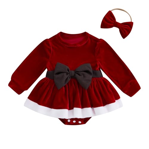 Baby Girl Christmas Outfit Bow Velvet Long Sleeve Romper Dress Newborn Infant Baby Girls Fall Winter Clothes (Red White, 0-3 Months)