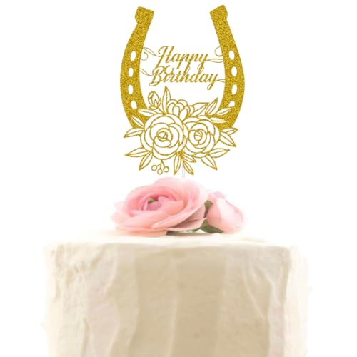 Horseshoe Happy Birthday Cake Topper, Western Theme Cake Topper, Racing Horse, Mexican Birthday Party Decor, Gold Glitter