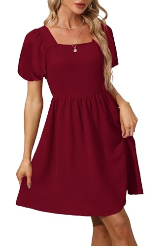 OFEEFAN Burgundy Dress for Women Summer Short Sleeve Dress Square Neck Rehearsal Dinner Dresses for Women L - Thumbnail 2
