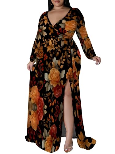 Image of PinkPatty Women's Plus Size Long Sleeve Maxi Dress Casual V Neck Slit Tie Waist Wrap Dresses for Party Cocktail