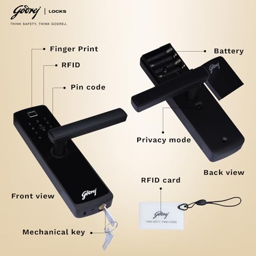 Image of Godrej Smart Lock I Catus Touch Plus I Digital Lock for Wooden Door I 4in1 Access I Fingerprint | RFID I PIN Access I Mechanical Key I 3 Dead Bolts I Black I 3 Yr Warranty