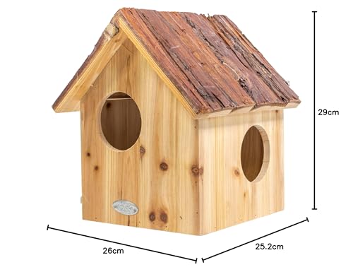 mgc24 Eichhörnchenhaus - Eichhörnchenkobel, Eichhörnchen Nistkasten zum Aufhängen für Garten und Balkon, aus Holz wetterfest, Naturoptik mit Rindendach, 25,2 x 26 x 29 cm