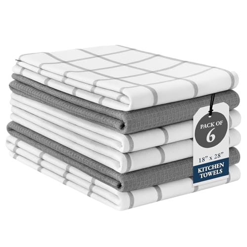 LANE LINEN Cotton Kitchen Towels and Dish Cloths Set, 6-Pack – Absorbent, Quick-Drying Dish Towel, 18" x 28", Soft, Premium Hand and Tea Towels - Grey