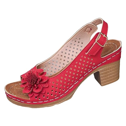 Buckled Square Heel Sandals for Women, 2026 New Womens Peep Toe Slingback Low Chunky Heeled Dress Sandals(Red,12)