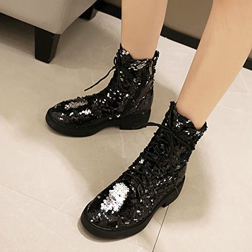 FIFSY Women Sequin Glitter Combat Ankle Boots Shiny Lace up Block Heels Sparkly Boots3