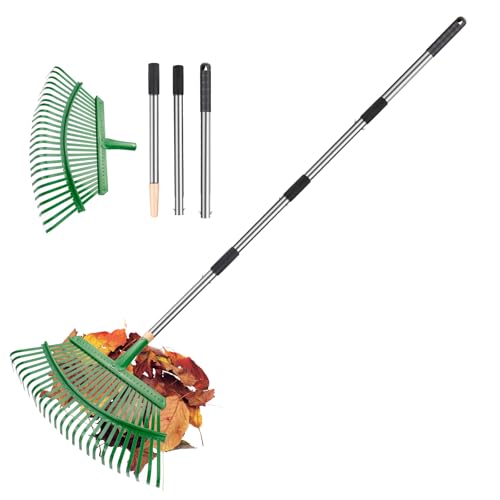 Rastrillo de hojas ajustable con mango, escoba de jardín de 25 dientes, escoba de hojas de acero inoxidable, rastrillo de jardín, rastrillo de césped para recoger escombros bajo parterres, plantas