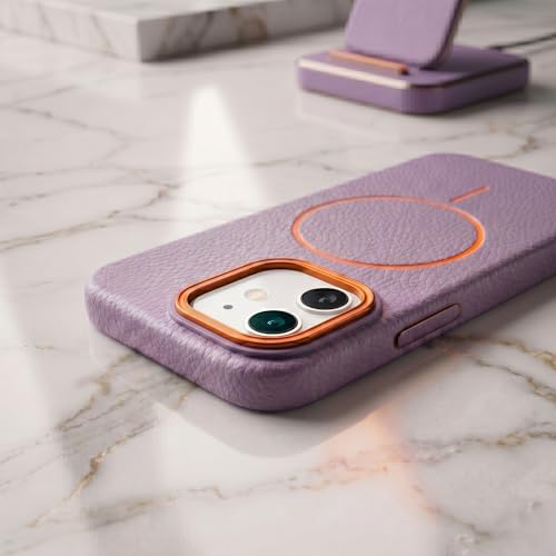 Image of amazon basics Luxury MagSafe Compatible Leather Texture Back Cover for iPhone 12 | Raised Camera Protection | Slim Fit Shockproof Case with Metallic Accents (Purple)