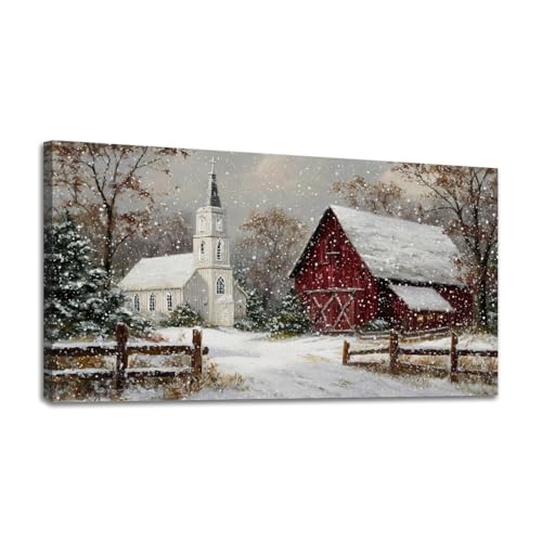 24"x 48" Canvas Wall Art Snow Scene Red Christmas Barn