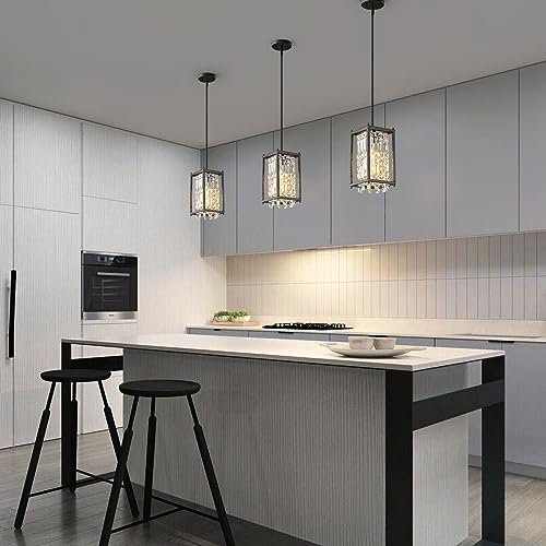 Image of LMQNINE Modern Black Pendant Light Fixtures for Kitchen Island, Crystal Chandelier Lights Fixture, Adjustable Farmhouse Pendant Lighting for Dining Room Bedroom (Square 1-Light)