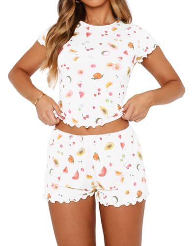 Image of Dressmine Womens Pajamas Sets 2026 Summer Casual Lounge Tops Shorts 2 Piece Set Trendy PJs Outfits Cute Clothes White-Fruits,XL