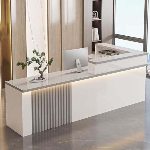 Elegante scrivania moderna a forma di L con cassetto chiudibile a chiave, elegante tavolo da ufficio per ingresso, soluzione di archiviazione per negozi e mobili per aziende