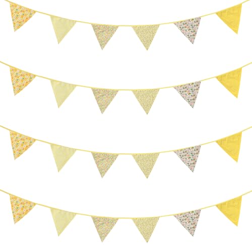 Image of Zwiebeco 32Ft Yellow Fabric Floral Pennant Banner Bunting Cotton Flowers Triangle Flags Party Decorations for Birthday Wedding Engagement Bridal Baby Shower Rustic Village Sweet Home Garden Decor