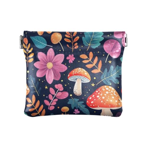 Flowers and Mushrooms Coin Purse Leather Pouch Change Purse, Squeeze Coin Pouch for Cards, Keys & Lipsticks, Unisex