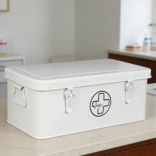 Image of First Aid Box, First Aid Kit Supplies Bin, First Aid Organizer Medicine Storag Box, Metal Storage Box with Safety Lock for Home Emergency Tool Se - White
