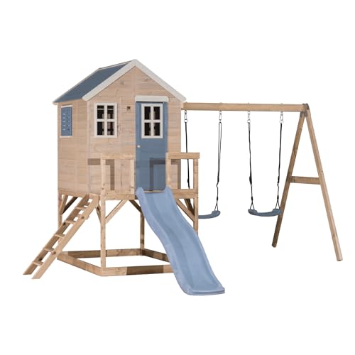 Wendi Toys M28PB Cabane sur pilotis avec Toboggan & Double balançoire, Maison en Bois FSC pour Enfants, 330×405×242 cm, Plateforme 90 cm, avec bac à Sable, Robuste & résistante aux intempéries, Bleu