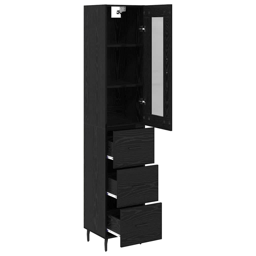 Meuble haut noir aspect chêne 34,5 x 34 x 180 cm avec tiroir et porte, buffet moderne pour salon, salle à manger, cuisine, espace de rangement étroit pour l'ordre et le rangement