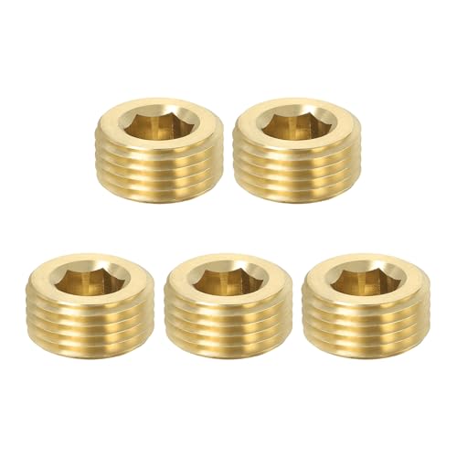 PATIKIL 1/2 inch Male BSP Pipe Plug Internal Hex Thread Socket, 5 Pack Hex Counter Sunk Solid Brass Pipe Plug Fitting Set for Pipe Air Tanks