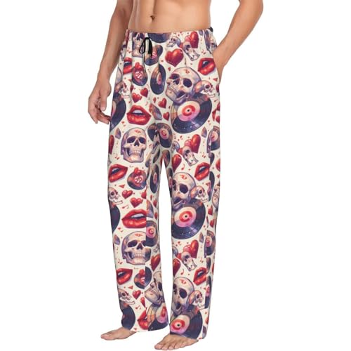 Mens Pajama Pants Bottoms With Pockets- Record Rock Skull Lips Soft Mens Pj Pants, Comfy Men Lounge Pants