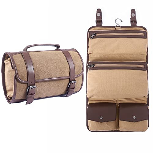 Seyfocnia Hanging Travel Toiletry Bag,Leather And Canvas Travel Makeup Bag For Men And Women,Water-Resistant Travel Organizer For Accessories cover