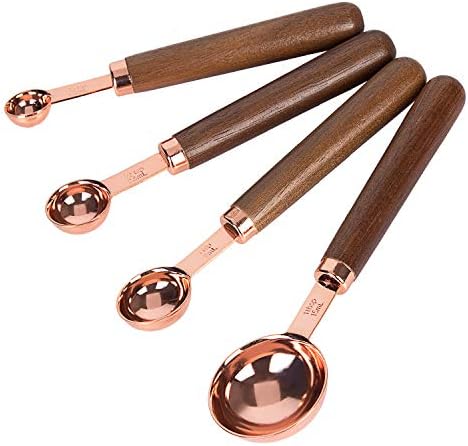K Kwokker Copper Measuring Spoons 1.25ml to 15ml Wood Handle Ergonomic Cups Set for Dry and Liquid, Cooking & Baking, Mirror Polished, Kitchen Utensils Tool Fairly Well