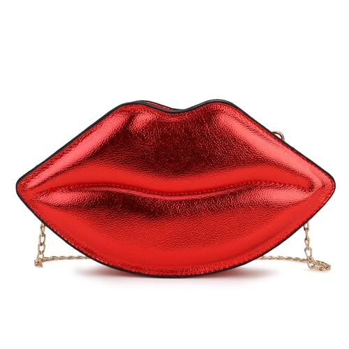 Image of fancybag Novelty Red Lip-Shaped Women Crossbody Bag Fun Chain Shoulder Purse PU Leather Statement Evening Clutch for Female Party & Night Out