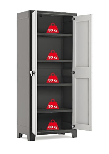 Keter Titan Kunststoffschrank, hoch, schwarz/grau, 80 x 44 x 182 cm, inkl. 4 Einlegeböden mit je 30kg Tragkraft, für drinnen und draußen, UV- und wasserbeständig, aus 70% recycelten Materialien