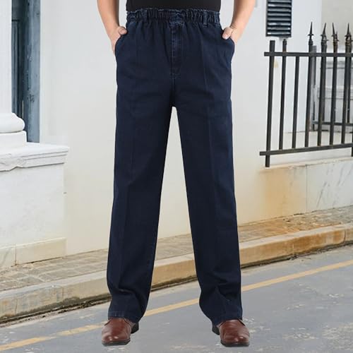 Men's Denim Pants Elastic Waist Lightweight Relaxed Fit Jeans Casual Loose Pull Trousers4