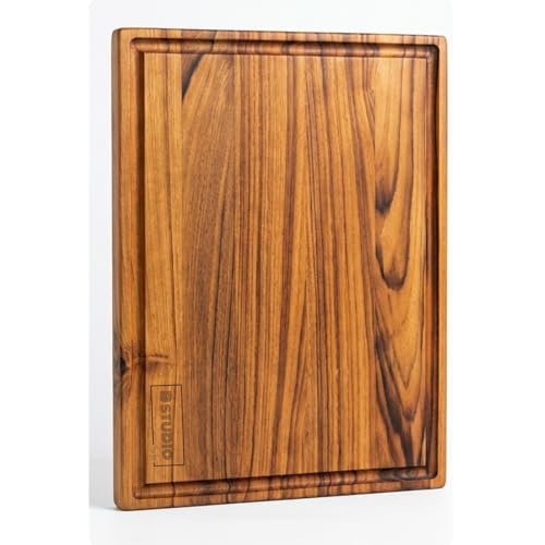 Image of Large Teakwood Chopping Board for Kitchen | Non-Slip Ribber Feet | Vegetables, Meat, Cheese, Prep and Serve | Food Grade Finish with Mineral Oil and Beeswax | 1 Year Warranty