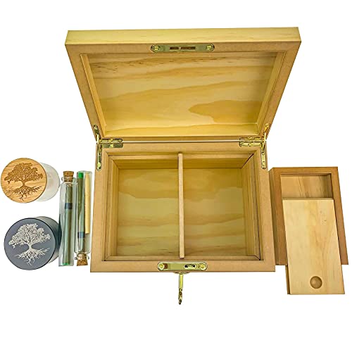 Hakuna Supply Premium Lockable Storage Box - Hinged Lid, Locking Storage Kit Smell Proof Glass Jar, Rolling Tray, & 2 Doob Tubes - Engraved Bamboo Lid (Pine, Tree Of Life) #TOP2