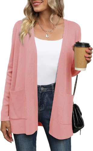 Yommay Cardigan for Women Loose Casual Lightweight Ladies Long Sleeve V-Neck Knitted Sweaters with Pockets,Light Pink,Large