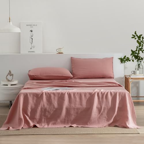EVERLY Linen Sheets Set Full Size,100% French Stonewash Pure Linen Sheets Set,4Pieces (1Flat Sheet,1Fitted Sheet,2Pillowcase) Suitable for Hot Sleepers,Deep Pocket Natural Bedding Set-Pink