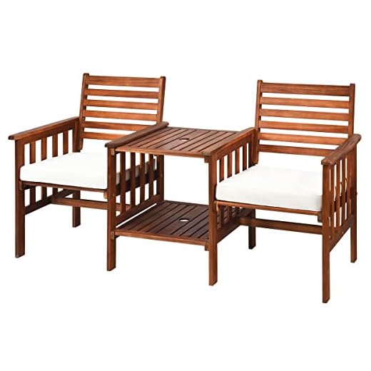 Tangkula Acacia Wood Loveseat, 3pcs Outdoor Table Chairs Set, Patio Conversation Set w/Coffee Table and Soft Cushions, 2.1-inch Umbrella Hole, 2-Seater Furniture Set (White)