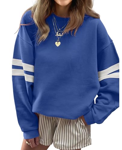 SELINK Womens Varsity Striped Oversized Sweatshirt Crewneck Long Sleeve Casual Fashion Pullover Top Fall Outfits Blue-M