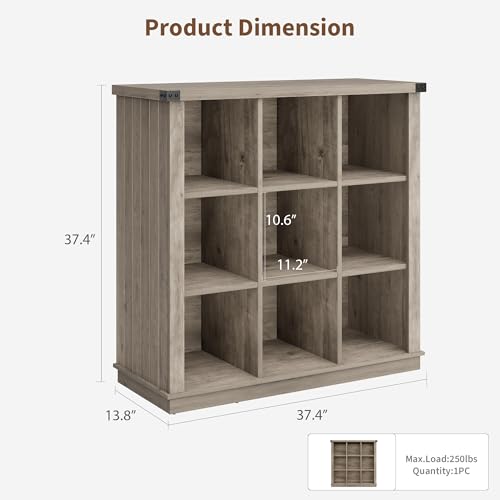 GarveeHome 9 Cube Storage Organizer Bookshelf, 4 Tier Farmhouse Horizontal Bookcase, 37.4 Inch Wood Storage Bookcase for Entryway, Long Low Bookshelves for Living Room-Grey
