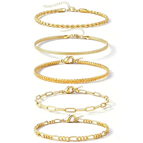 Alegend Bracelet Set 14K Gold Plated Multiple Classic Chain Types Paperclip, Twisted,Cuban,Snake Bone,O-Chain Lobster Clasp Adjustable Extender
