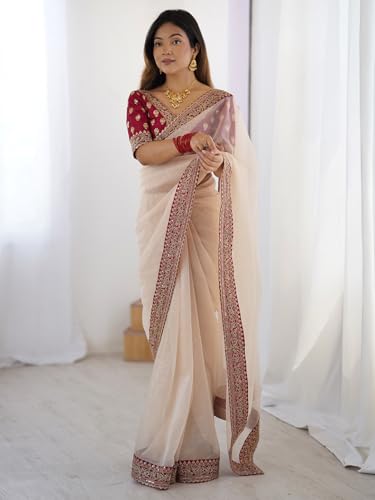 Image of AKHILAM Women's Shimmer Satin Sequence Embroidery Work Border Saree With Unstitched Blouse Piece