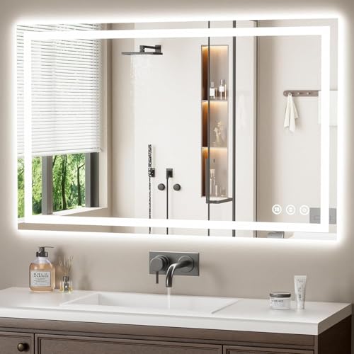 Image of 48x30 LED Bathroom Mirror with Anti-Fog, Backlit & Front Lights, Memory | Dimmable 3 Color CRI 95+ Shatterproof Tempered Glass ETL Listed for Safety Lighted Bathroom Vanity Mirror for Wall