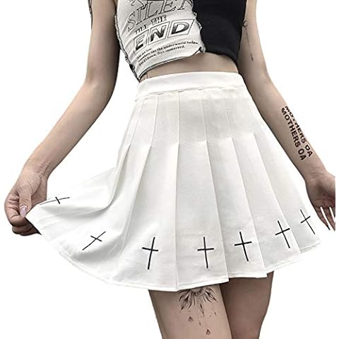 GuliriFei Women Plaid Mini Pleated Skirt Lace A-line Y2K Patchwork Mesh Ruffle Stitching High Waist Harajuku Goth Punk Short Skirt (U-White, M) Cover